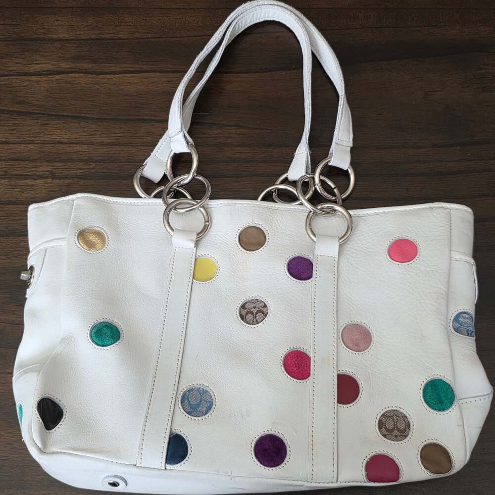 Coach Gallery Lunch Tote White Leather with Multicolor Polka Dots 9763